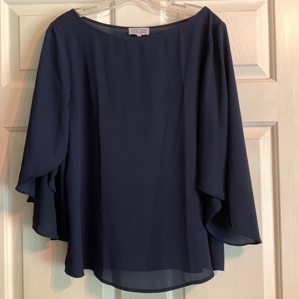 Via Jay Women's Relaxed Loose Chiffon Fit 3/4 Open Flutter Sleeve Blouse.